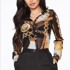 FASHION NOVA : Take Your Shot Button Down Shirt - Black/combo - NWT